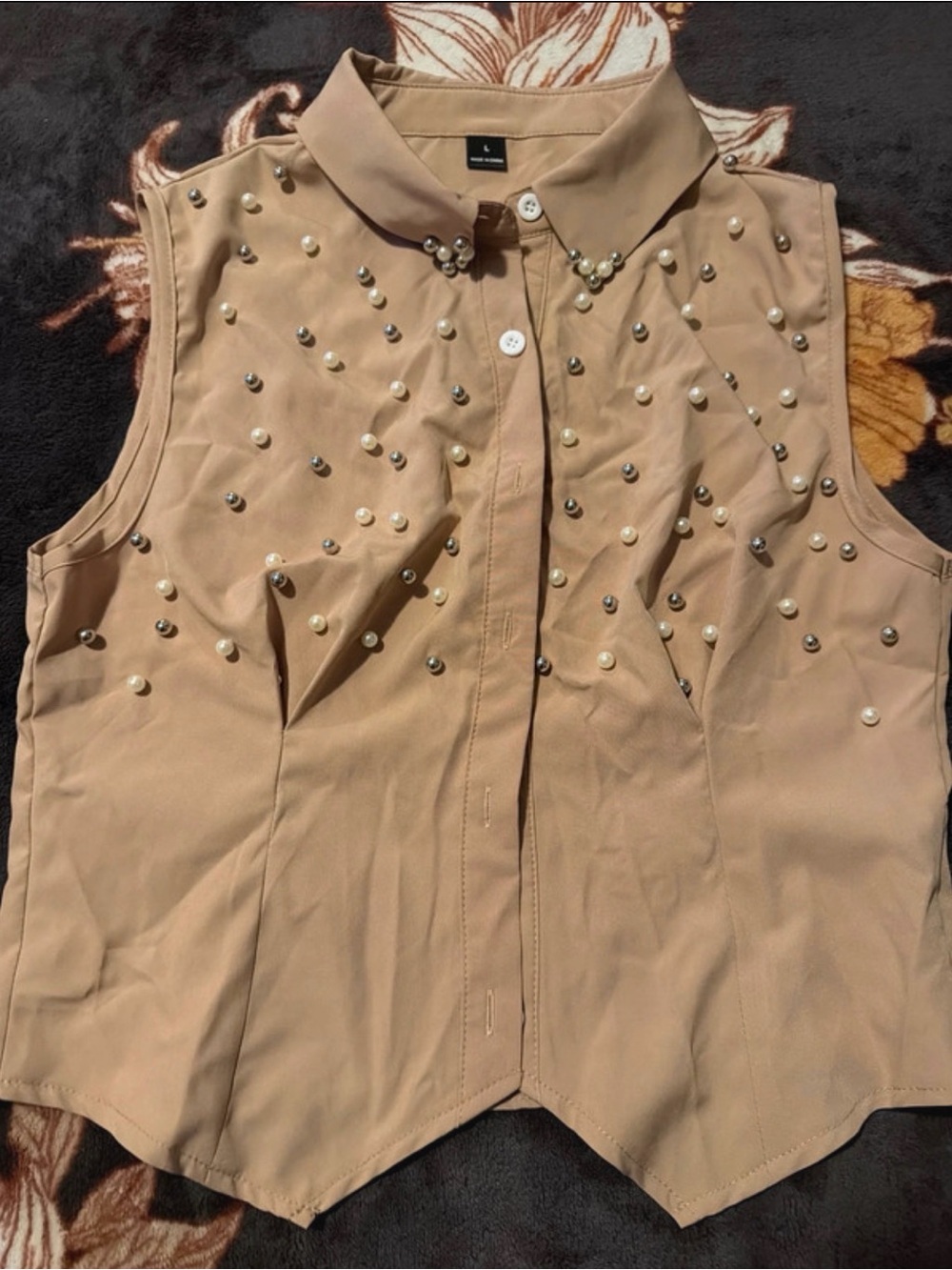 SHEIN Beige Pearl & Stud Embellished Sleeveless Vest